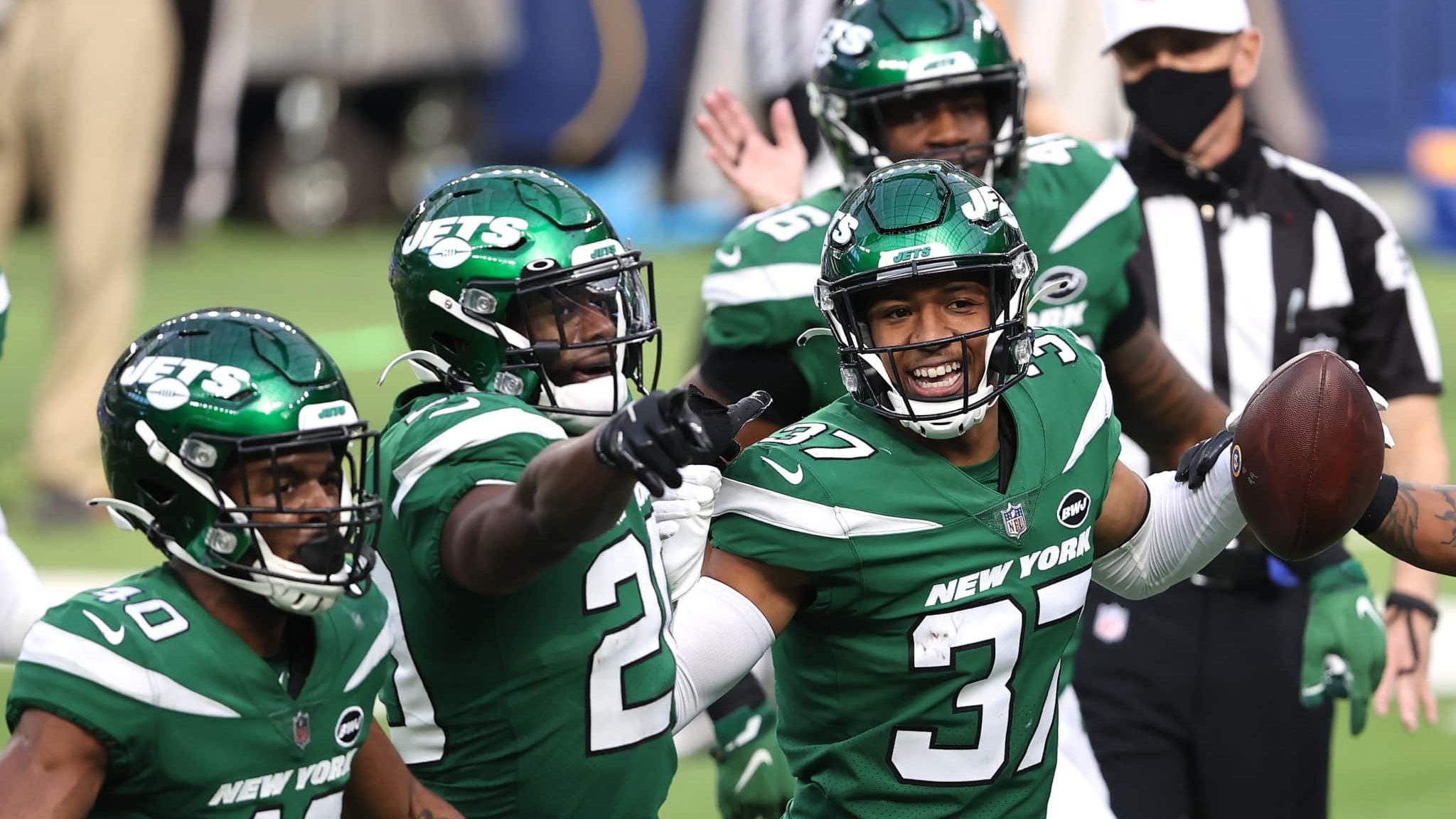 INGLEWOOD, CALIFORNIA - DECEMBER 20: Bryce Hall #37 of the New York Jets celebrates with teammates following an interception during the second quarter of a game against the Los Angeles Rams at SoFi Stadium on December 20, 2020 in Inglewood, California.