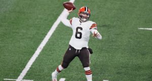 EAST RUTHERFORD, NEW JERSEY - DECEMBER 20: Baker Mayfield #6 of the Cleveland Browns looks to pass during the first quarter of a game against the New York Giants at MetLife Stadium on December 20, 2020 in East Rutherford, New Jersey.