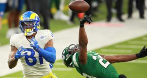 INGLEWOOD, CALIFORNIA - DECEMBER 20: Gerald Everett #81 of the Los Angeles Rams has a pass broken up by Marcus Maye #20 of the New York Jets during the fourth quarter of a game at SoFi Stadium on December 20, 2020 in Inglewood, California.