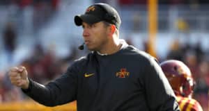 AMES, IA - OCTOBER 28: Head coach Matt Campbell of the Iowa State Cyclones coaches from the sidelines in the first half of play at Jack Trice Stadium on October 28, 2017 in Ames, Iowa.