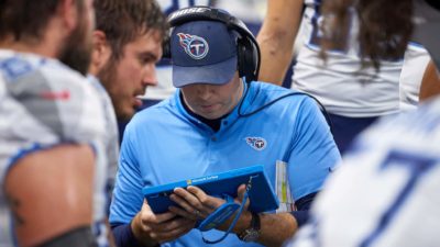 INDIANAPOLIS, IN - NOVEMBER 18: Tennessee Titans tight ends coach Arthur Smith looks on in game action between the Indianapolis Colts and the Tennessee Titans on November 18, 2018 at Lucas Oil Stadium in Indianapolis, Indiana.