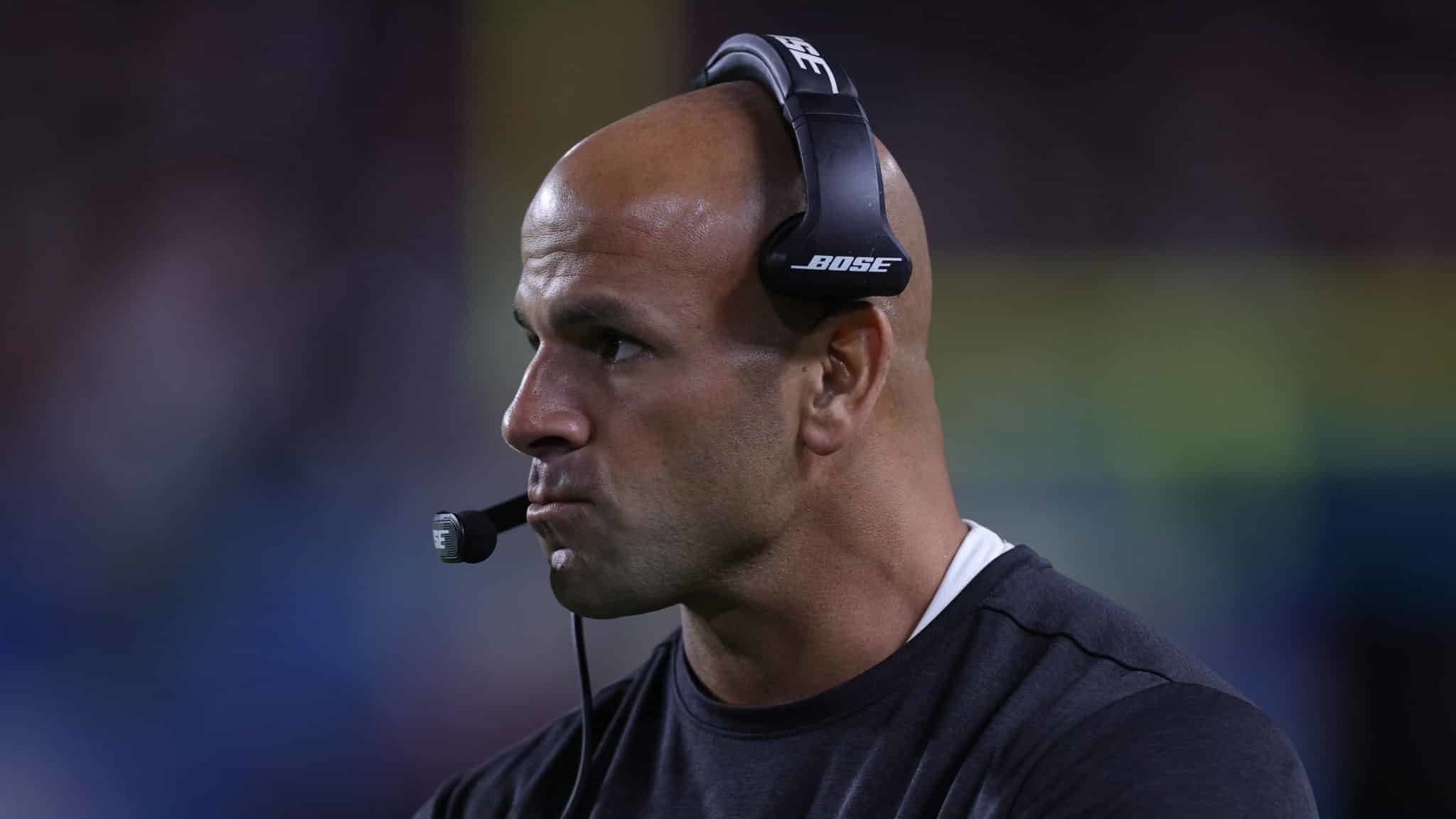 MIAMI, FLORIDA - FEBRUARY 02: Defensive coordinator Robert Saleh of the San Francisco 49ers looks on against the Kansas City Chiefs during the fourth quarter in Super Bowl LIV at Hard Rock Stadium on February 02, 2020 in Miami, Florida.