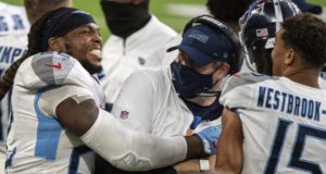 MINNEAPOLIS, MN - SEPTEMBER 27: Derrick Henry #22 of the Tennessee Titans celebrates with offensive coordinator Arthur Smith at the end of the game agains the Minnesota Vikings at U.S. Bank Stadium on September 27, 2020 in Minneapolis, Minnesota. The Titans defeated the Vikings 31-30.