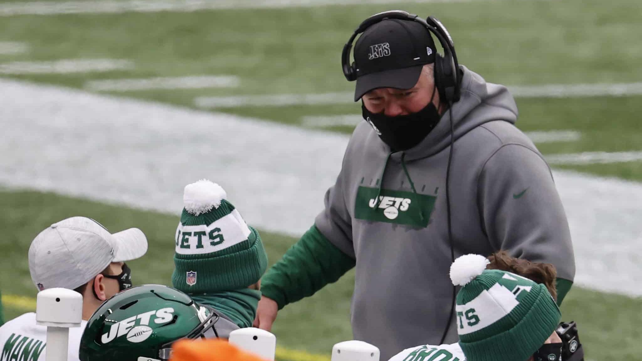 FOXBOROUGH, MA - JANUARY 03: New York Jets special teams coordinator Brant Boyer talks to his players during a game between the New England Patriots and the New York Jets on January 3, 2021, at Gillette Stadium in Foxborough, Massachusetts.