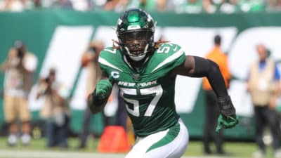 EAST RUTHERFORD, NJ - SEPTEMBER 08: Linebacker C.J. Mosley #57 of the New York Jets sin action against the Buffalo Bills at MetLife Stadium on September 8, 2019 in East Rutherford, New Jersey.