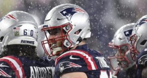 FOXBOROUGH, MA - NOVEMBER 15: Joe Thuney #62 of the New England Patriots looks on during the first half of a game against the Baltimore Ravens at Gillette Stadium on November 15, 2020 in Foxborough, Massachusetts.