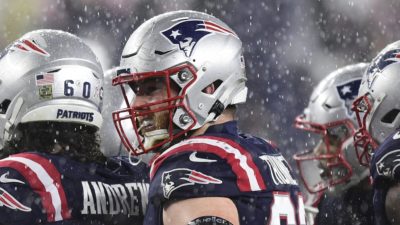 FOXBOROUGH, MA - NOVEMBER 15: Joe Thuney #62 of the New England Patriots looks on during the first half of a game against the Baltimore Ravens at Gillette Stadium on November 15, 2020 in Foxborough, Massachusetts.