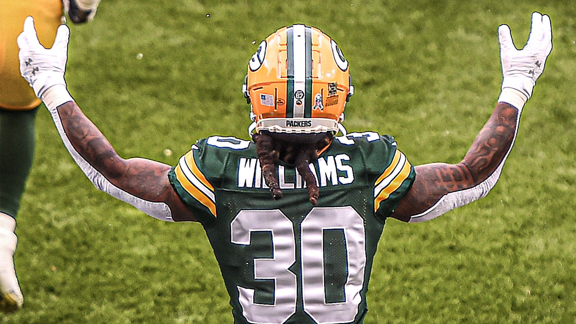 GREEN BAY, WISCONSIN - NOVEMBER 01: Jamaal Williams #30 of the Green Bay Packers reacts during the second quarter against the Minnesota Vikings at Lambeau Field on November 01, 2020 in Green Bay, Wisconsin.