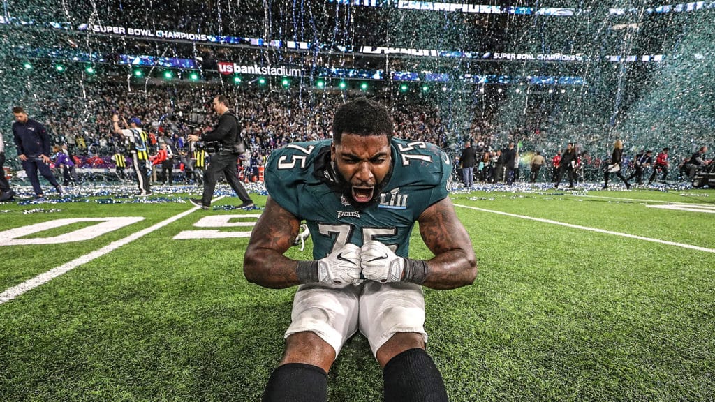 MINNEAPOLIS, MN - FEBRUARY 04: Vinny Curry #75 of the Philadelphia Eagles celebrates after defeating the New England Patriots 41-33 in Super Bowl LII at U.S. Bank Stadium on February 4, 2018 in Minneapolis, Minnesota.