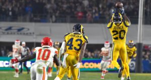 LOS ANGELES, CA - NOVEMBER 19: Los Angeles Rams free safety Lamarcus Joyner (20) seals the Rams win with this interception in the final seconds of the game at the Los Angeles Memorial Coliseum on Monday, Nov. 19, 2018.