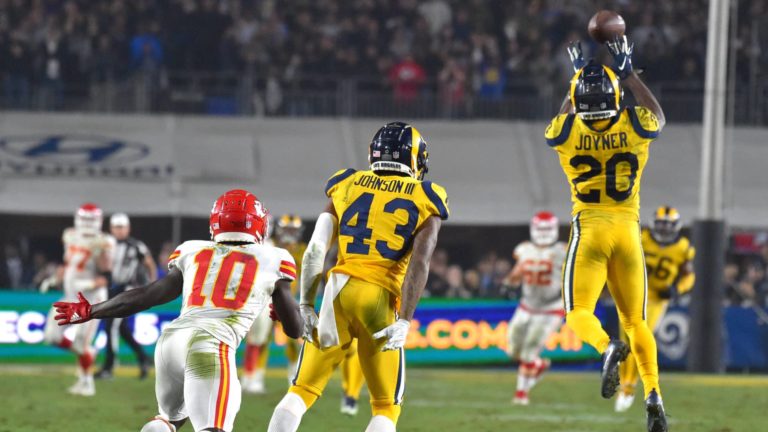 LOS ANGELES, CA - NOVEMBER 19: Los Angeles Rams free safety Lamarcus Joyner (20) seals the Rams win with this interception in the final seconds of the game at the Los Angeles Memorial Coliseum on Monday, Nov. 19, 2018.