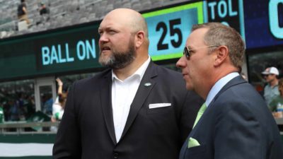 EAST RUTHERFORD, NJ - SEPTEMBER 08: General Manager Joe Douglas and of the New York Jets and radio host Bob Wischusen follow the action against the Buffalo Bills at MetLife Stadium on September 8, 2019 in East Rutherford, New Jersey.