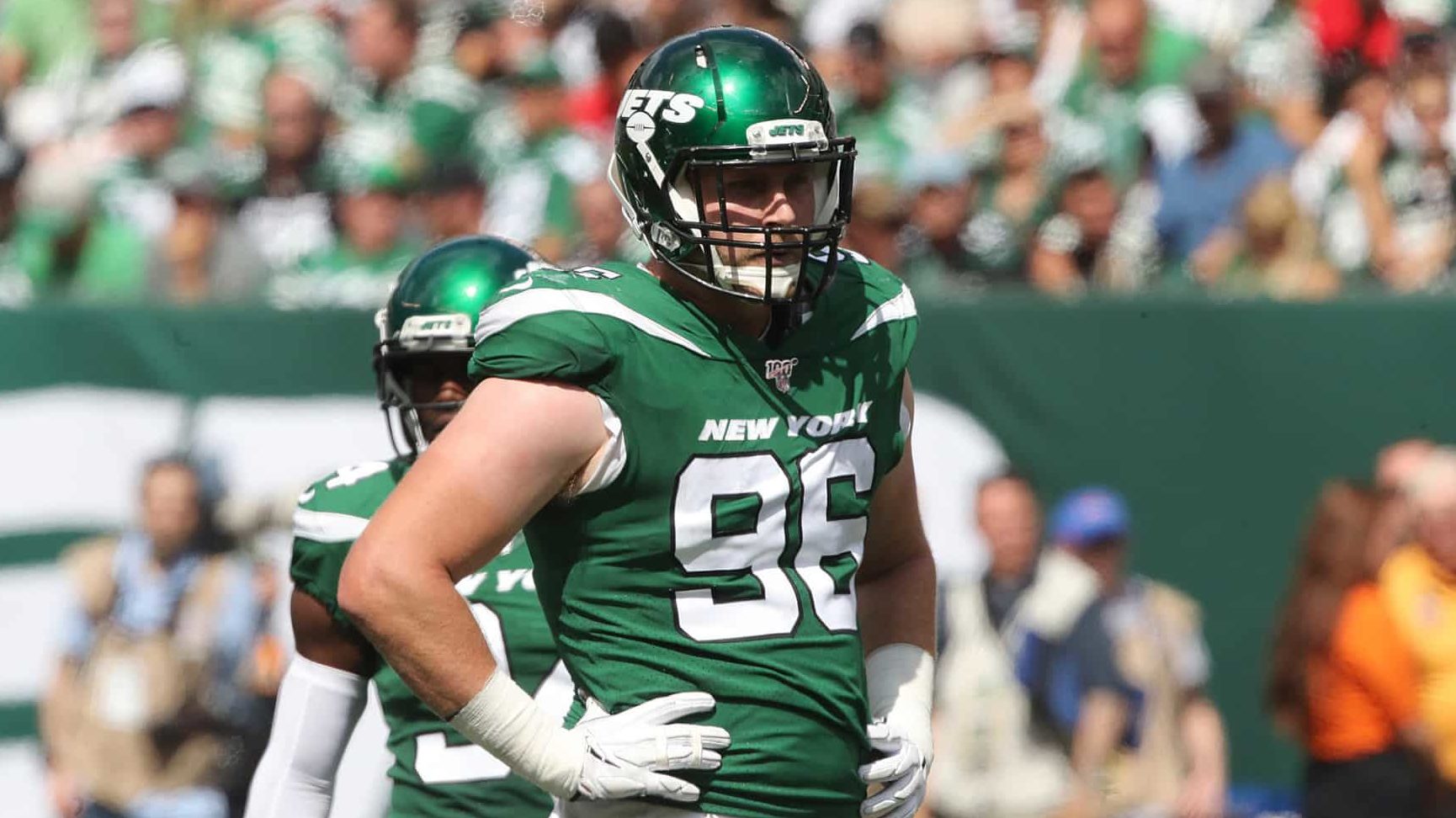 EAST RUTHERFORD, NJ - SEPTEMBER 08: Defensive Lineman Henry Anderson #96 of the New York Jets in action against the Buffalo Bills at MetLife Stadium on September 8, 2019 in East Rutherford, New Jersey.