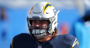 ORCHARD PARK, NY - NOVEMBER 29: Dan Feeney #66 of the Los Angeles Chargers before a game against the Buffalo Bills at Bills Stadium on November 29, 2020 in Orchard Park, New York.