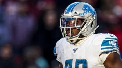 LANDOVER, MD - NOVEMBER 24: Jarrad Davis #40 of the Detroit Lions looks on against the Washington Redskins during the second half at FedExField on November 24, 2019 in Landover, Maryland.