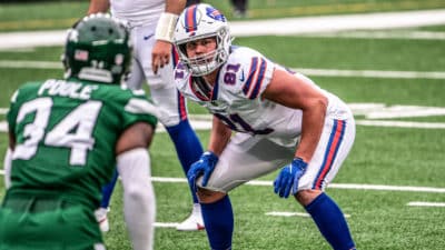 EAST RUTHERFORD, NJ - OCTOBER 25: Tyler Kroft #81 of the Buffalo Bills at the line of scrimmage during a game against the New York Jets at MetLife Stadium on October 25, 2020 in East Rutherford, New Jersey.