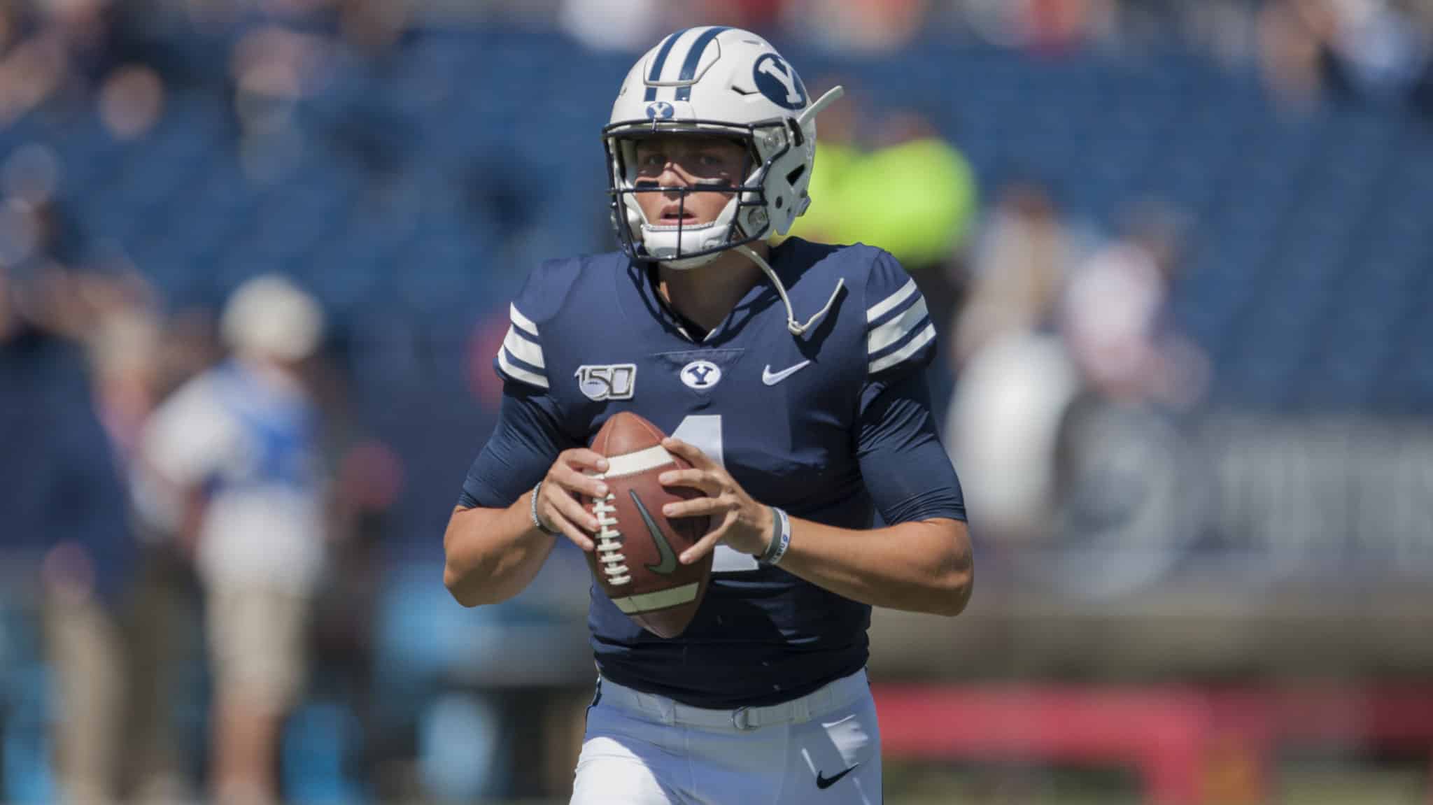 PROVO, UT - SEPTEMBER 14 : Zach Wilson #1 of the BYU Cougars warms up before their game against the USC Trojans at LaVell Edwards Stadium on September 14, in Provo, Utah.