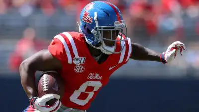 OXFORD, MISSISSIPPI - SEPTEMBER 21: Elijah Moore #8 of the Mississippi Rebels runs with the ball during a game against the California Golden Bears at Vaught-Hemingway Stadium on September 21, 2019 in Oxford, Mississippi.