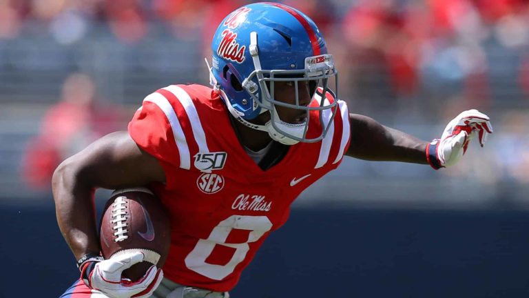 OXFORD, MISSISSIPPI - SEPTEMBER 21: Elijah Moore #8 of the Mississippi Rebels runs with the ball during a game against the California Golden Bears at Vaught-Hemingway Stadium on September 21, 2019 in Oxford, Mississippi.