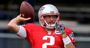 FOXBORO, MA. - SEPTEMBER 9: Quarterback Brian Hoyer #2 of the New England Patriots throws during practice at Gillette Stadium on September 9, 2020 in Foxboro, Massachusetts.