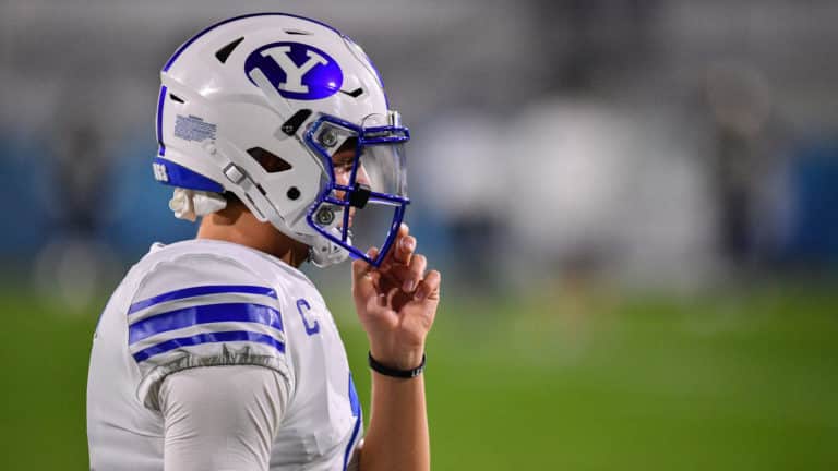 BOCA RATON, FLORIDA - DECEMBER 22: Zach Wilson #1 of the Brigham Young Cougars in action against the Central Florida Knights at FAU Stadium on December 22, 2020 in Boca Raton, Florida.