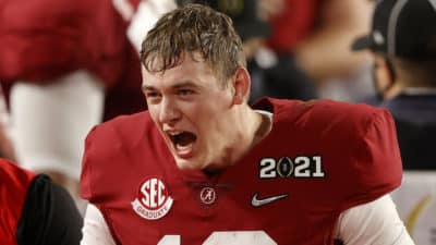 MIAMI GARDENS, FLORIDA - JANUARY 11: Mac Jones #10 of the Alabama Crimson Tide celebrates following the CFP National Championship Presented by AT&T at Hard Rock Stadium on January 11, 2021 in Miami Gardens, Florida.
