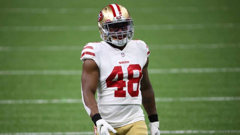 NEW ORLEANS, LOUISIANA - NOVEMBER 15: Austin Walter #48 of the San Francisco 49ers looks on prior to their game against the New Orleans Saints at Mercedes-Benz Superdome on November 15, 2020 in New Orleans, Louisiana.