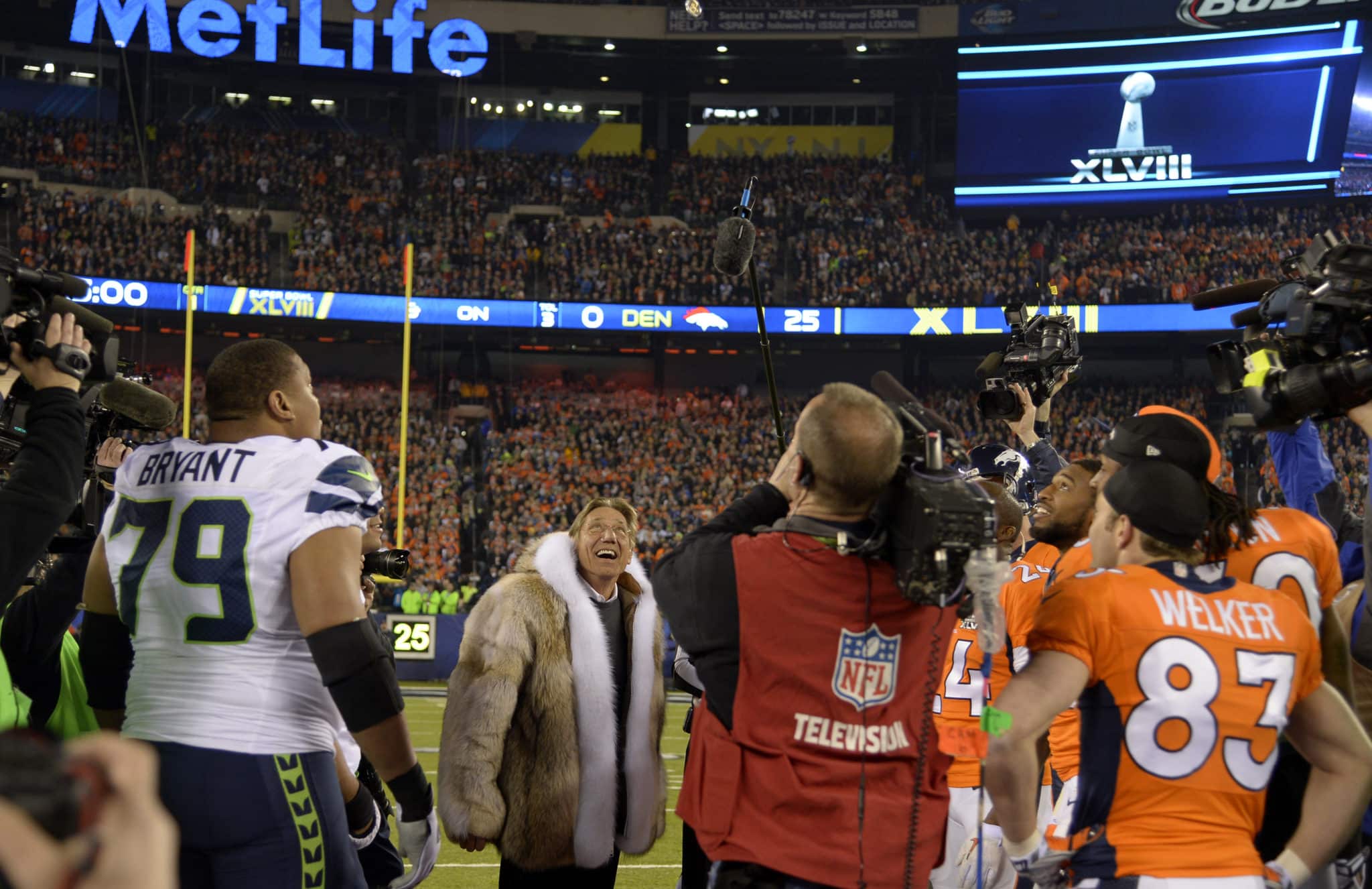 EAST RUTHERFORD, NJ - FEBRUARY 2: Joe Namath in a mink coat for Super Bowl coin toss. The Denver Broncos vs the Seattle Seahawks in Super Bowl XLVIII at MetLife Stadium in East Rutherford, New Jersey Sunday, February 2, 2014. 