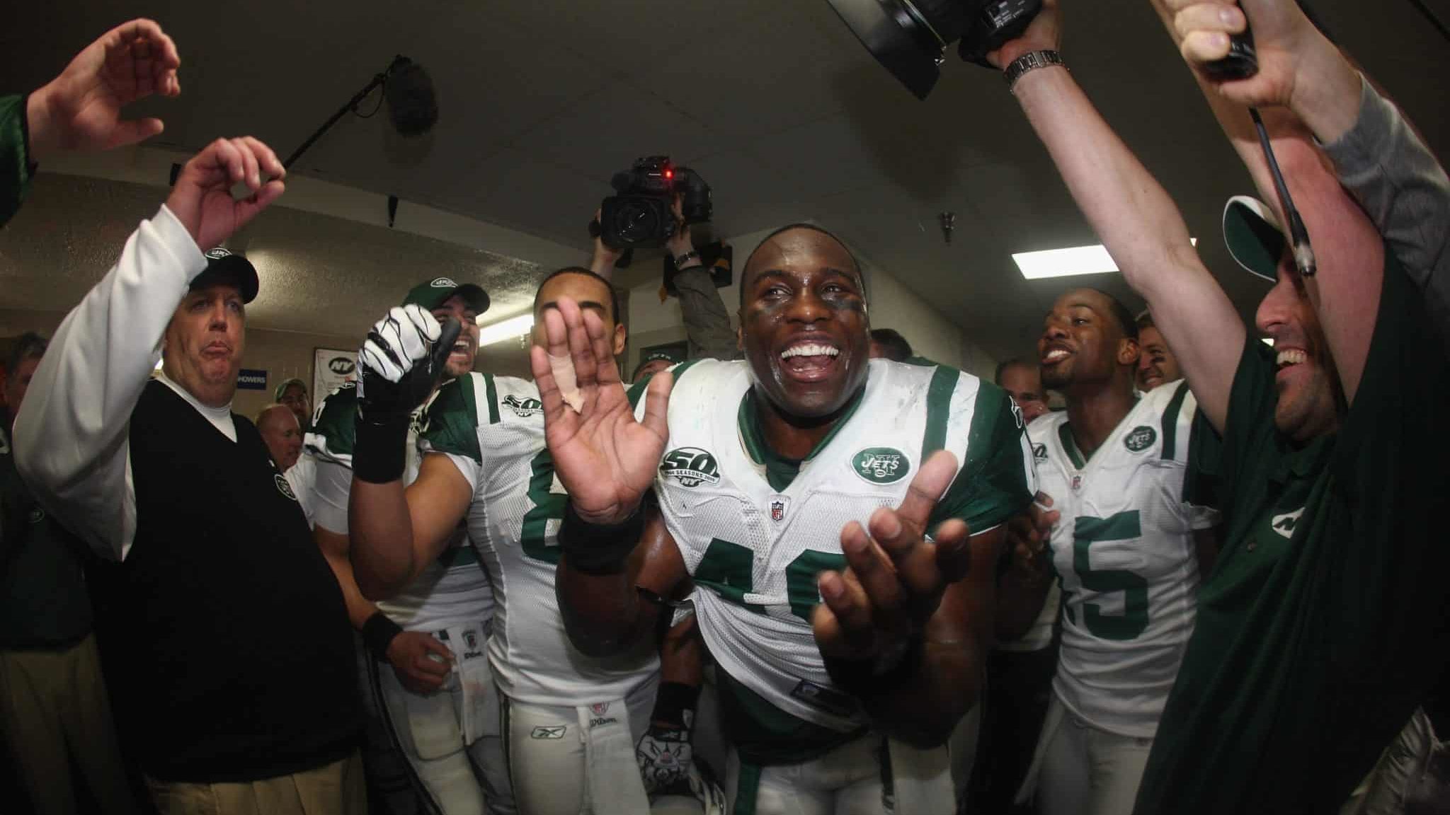 SAN DIEGO - JANUARY 17: Fullback Tony Richardson #49 of the New York Jets celebrates the victory against the San Diego Chargers when the Chargers host the Jets in the Divisional Playoffs at Qualcomm Stadium on January 17, 2010 in San Diego, California. The Jets defeated the Chargers 17-14.