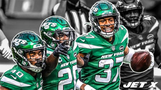 East Rutherford, New Jersey, USA. 10th Nov, 2019. New York Jets linebacker Frankie  Luvu (50) and outside linebacker Brandon Copeland (51) reacts to the win  following the NFL game between the New