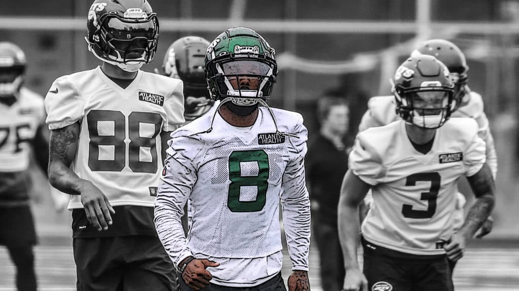 Wide receiver Elijah Moore participates in practice as the New York Jets held OTA's this morning at their practice facility in Florham Park, NJ on June 4, 2021.