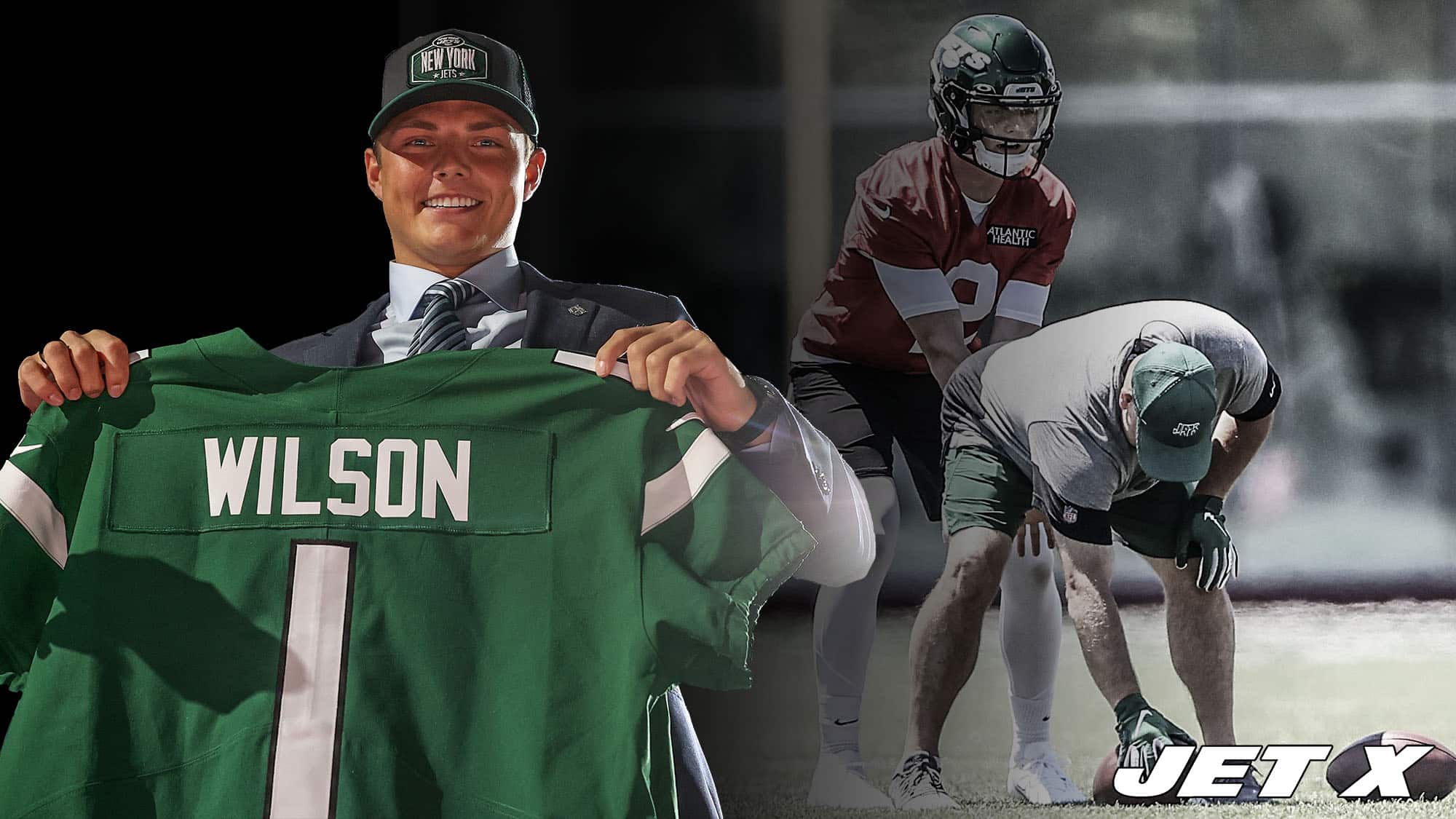 Zach Wilson poses with his New York Jets jersey on draft night, and is also taking snaps at OTAs.
