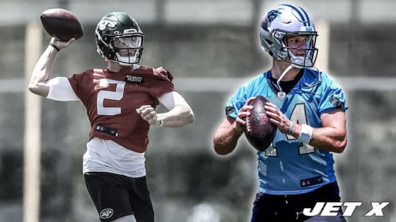 Carolina Panthers quarterback Sam Darnold throwing the ball at OTAs, while New York Jets quarterback Zach Wilson does the same.