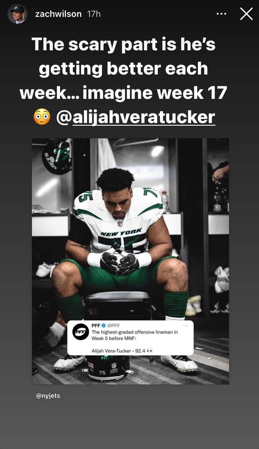 New York Jets quarterback Zach Wilson shows well-deserved love for Alijah Vera-Tucker.