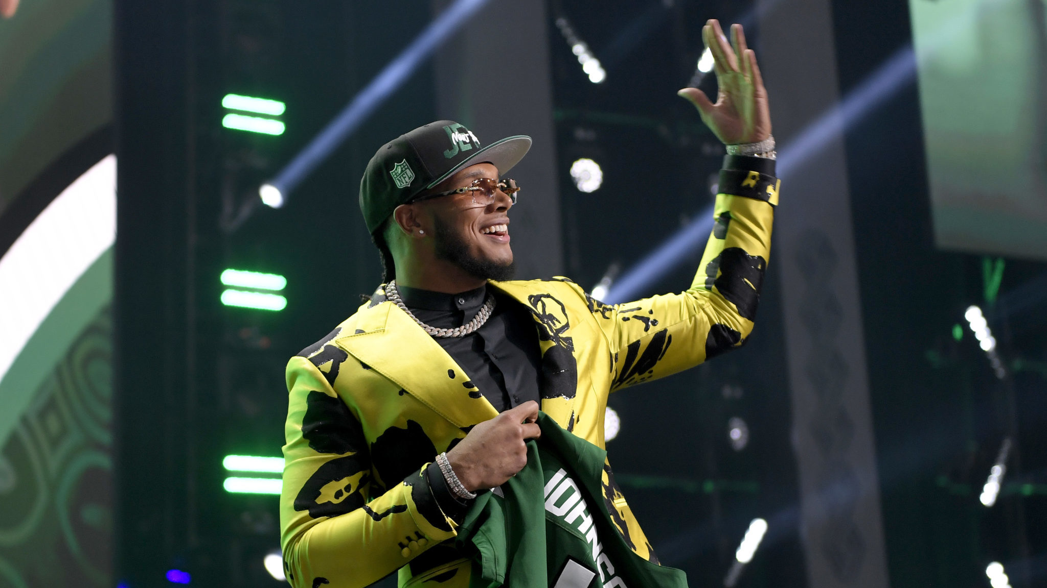 LAS VEGAS, NEVADA - APRIL 28: Jermaine Johnson II poses onstage after being selected 26th by the New York Jets during round one of the 2022 NFL Draft on April 28, 2022 in Las Vegas, Nevada.