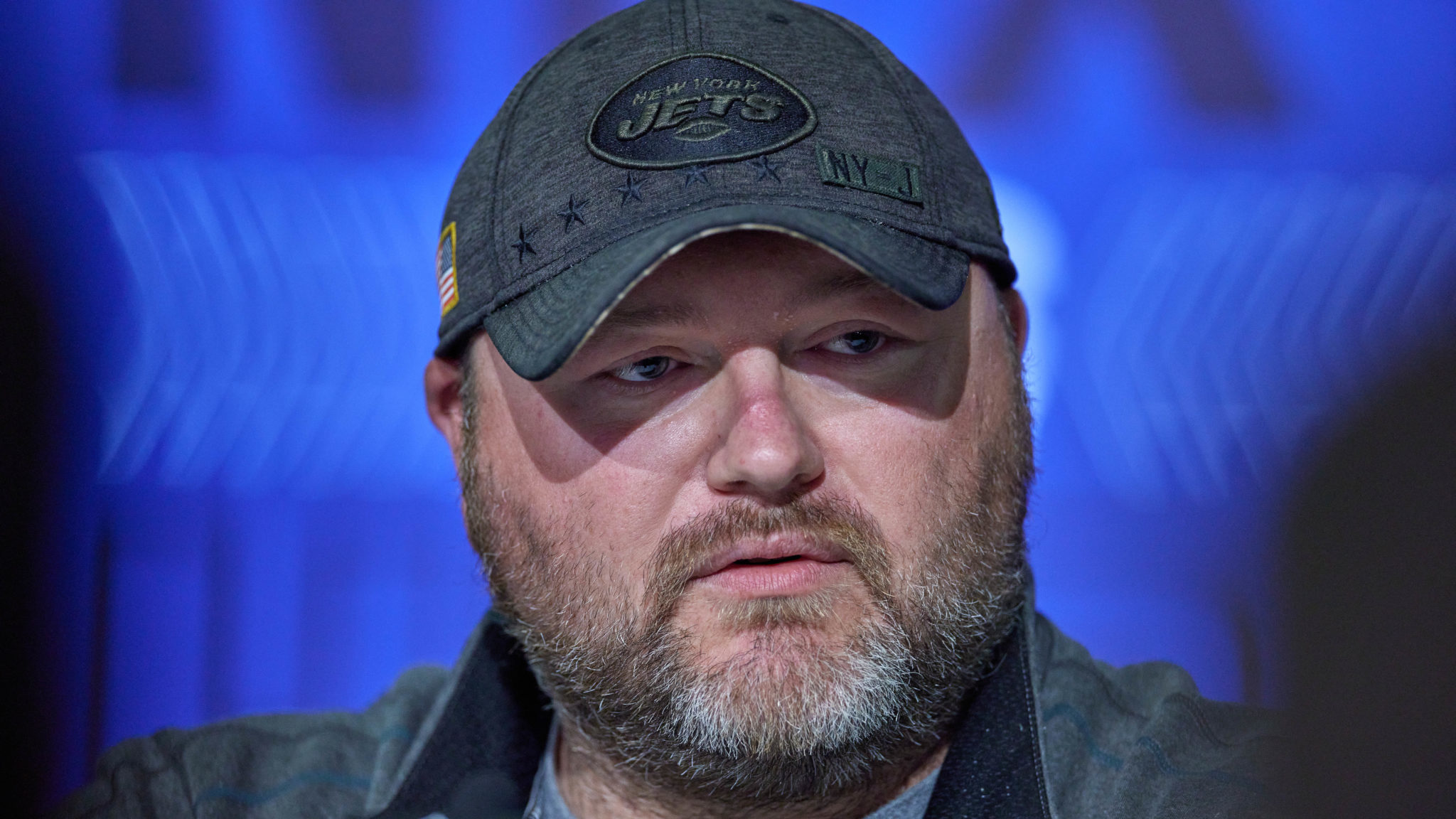 INDIANAPOLIS, IN - MARCH 02: New York Jets general manager Joe Douglas answers questions from the media during the NFL Scouting Combine on March 2, 2022, at the Indiana Convention Center in Indianapolis, IN.