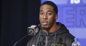 INDIANAPOLIS, IN - MAR 03: Breece Hall #RB17 of the Iowa State Cyclones speaks to reporters during the NFL Draft Combine at the Indiana Convention Center on March 3, 2022 in Indianapolis, Indiana.