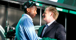 LAS VEGAS, NV - APRIL 28: Sauce Gardner, Cincinnati, speaks with NFL commissioner Roger Goodell after being selected as the number four overall draft pick by the New York Jets during the NFL Draft on April 28, 2022 in Las Vegas, Nevada.