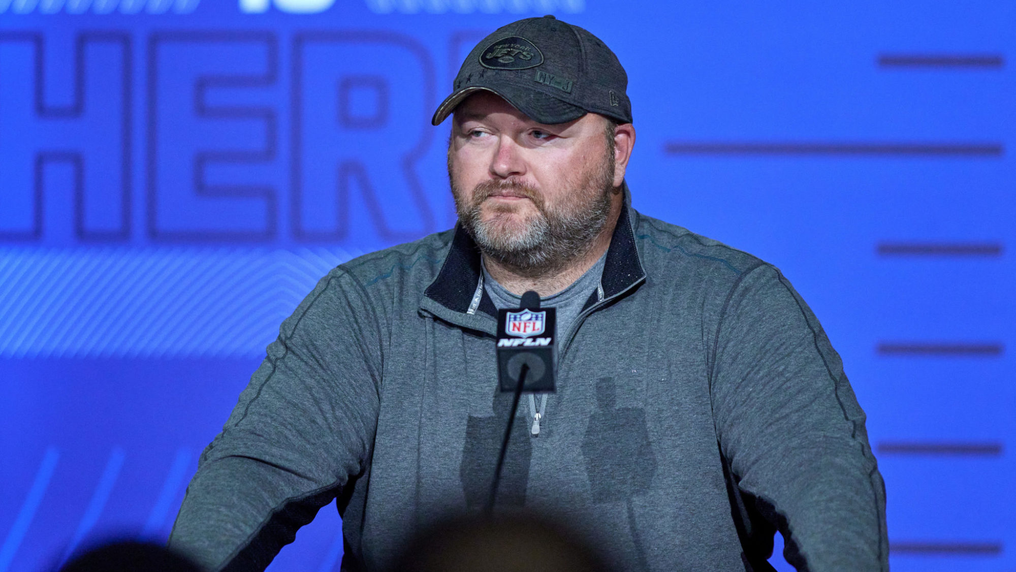 INDIANAPOLIS, IN - MARCH 02: New York Jets general manager Joe Douglas answers questions from the media during the NFL Scouting Combine on March 2, 2022, at the Indiana Convention Center in Indianapolis, IN.