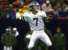 EAST RUTHERFORD, NJ - DECEMBER 20: Quarterback Ken O'Brien #7 of the New York Jets drops back to pass against the Philadelphia Eagles during an NFL football game December 20, 1987 at Giants Stadium in East Rutherford, New Jersey. O'Brien played for the Jets from 1984-92.