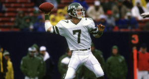 EAST RUTHERFORD, NJ - DECEMBER 20: Quarterback Ken O'Brien #7 of the New York Jets drops back to pass against the Philadelphia Eagles during an NFL football game December 20, 1987 at Giants Stadium in East Rutherford, New Jersey. O'Brien played for the Jets from 1984-92.
