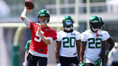 FLORHAM PARK, NJ - JUNE 15: Quarterback Mike White #5 of the New York Jets during New York Jets mandatory minicamp at Atlantic Health Jets Training Center on June 15, 2022 in Florham Park, New Jersey.