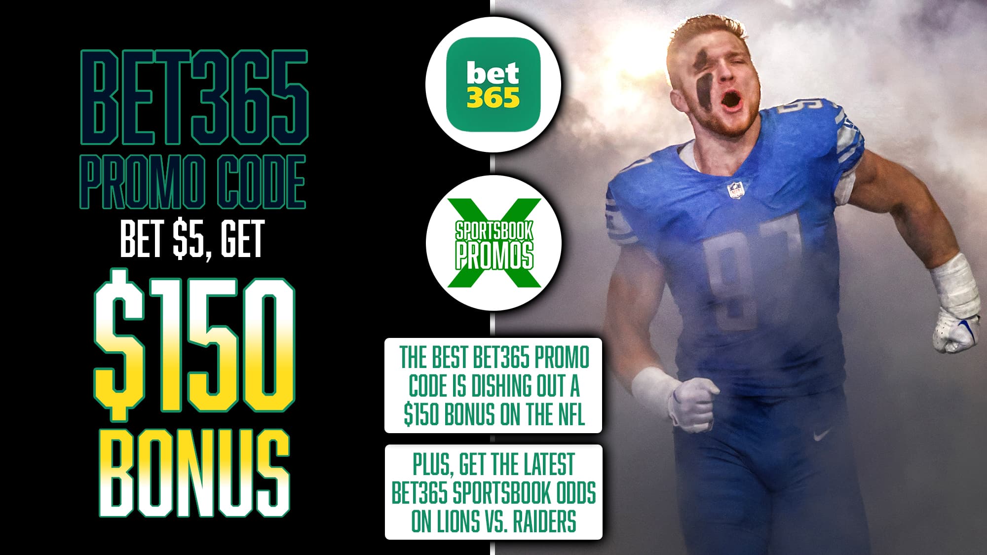 bet365 Promo Code, Bet $5 and Get $150 Bonus, NFL Odds, Lions vs. Raiders