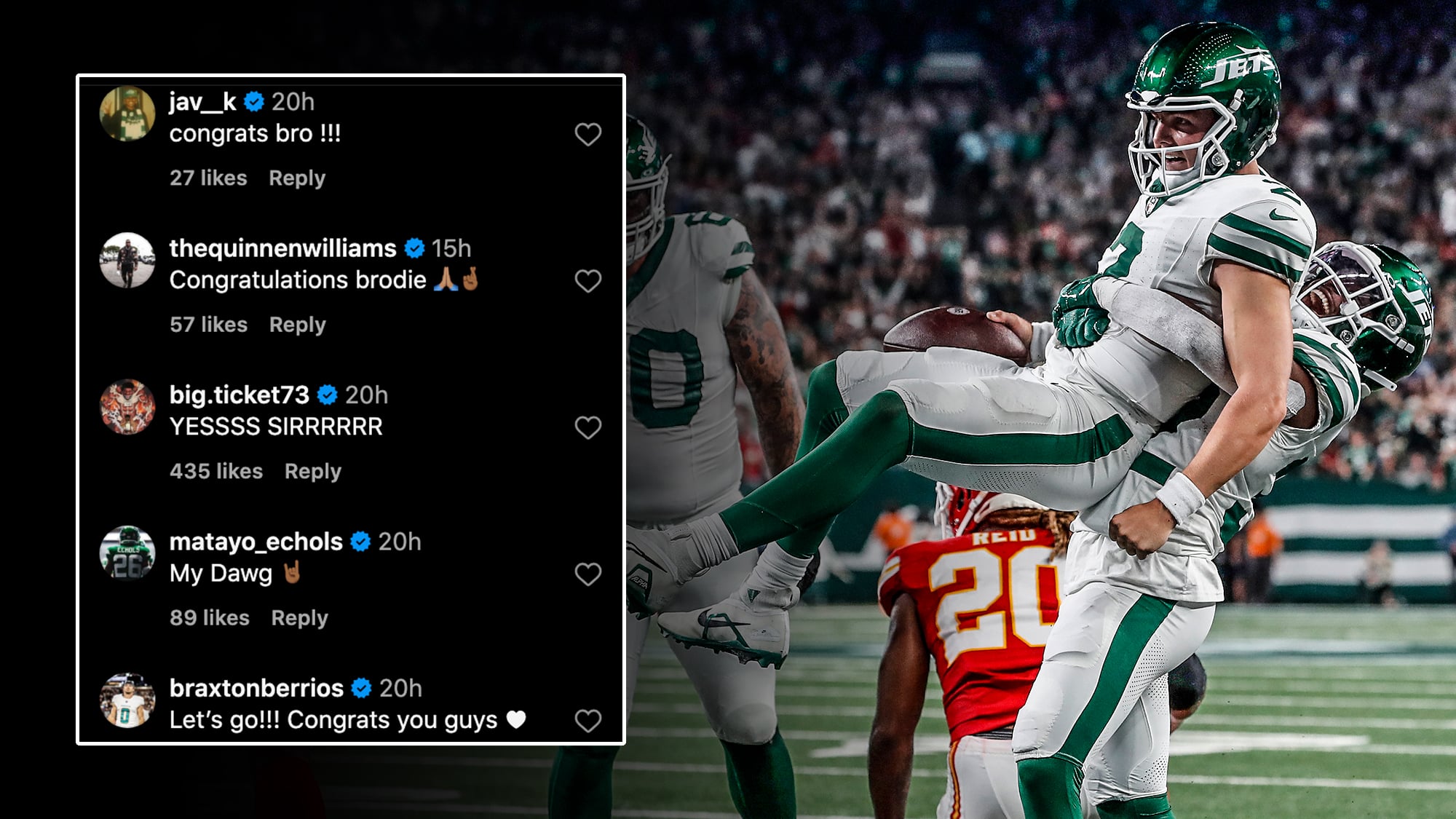 Zach Wilson Engagement Reaction, New York Jets Players
