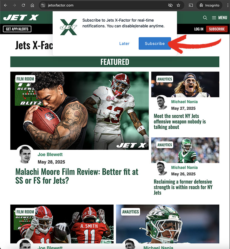 Jets X-Factor Notifications Desktop